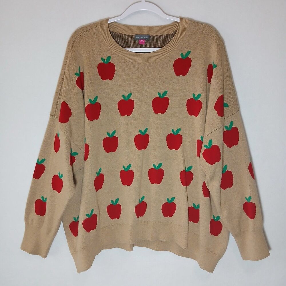 Vince Camuto Women’s XXL Beige Apples Knit Crewneck Pullover School Teacher#1176